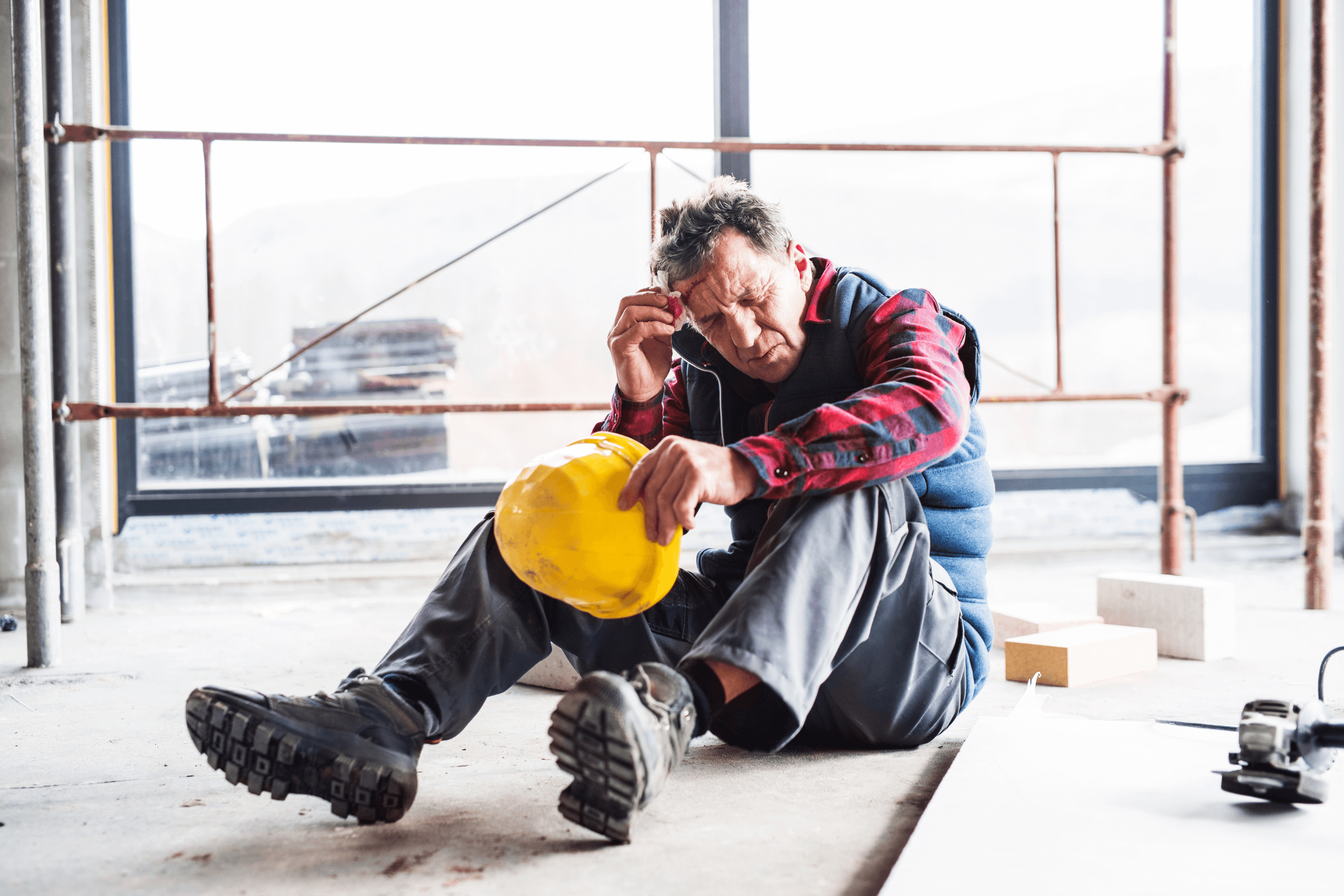 Construction man sitting on the ground with a bloody cut on his head from a workplace injury