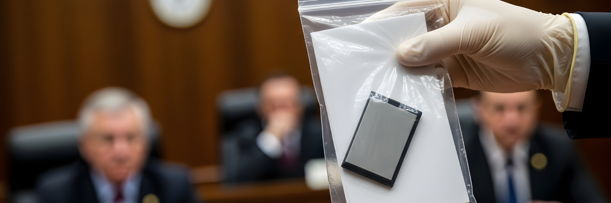 Lawyer holding up a zip lock bag containing digital evidence in a personal injury case
